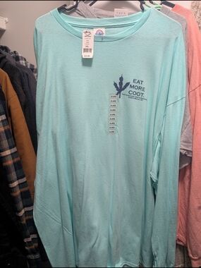 Light Aqua Long Sleeve Tee with Navy Logo - "Eat More Coot"